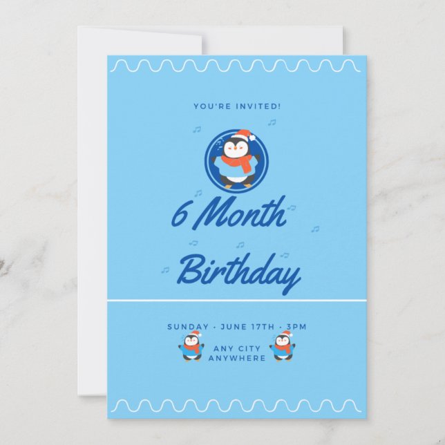 Convites Blue Penguin 6 Month Birthday (Frente)