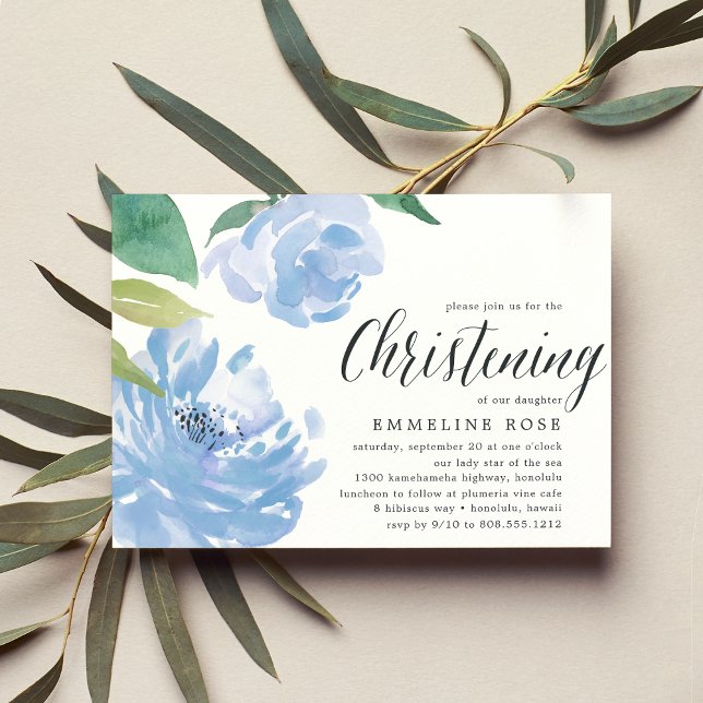 Convites Blue Peony | Watercolor Floral Christening (Criador carregado)