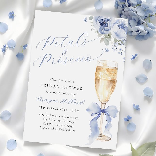 Convites Blue Petals and Prosecco Bridal Shower Invitation (Criador carregado)