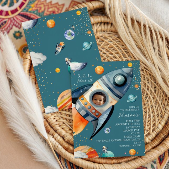 Convites Blue Photo Rocket First Trip Around the Sun Space (Criador carregado)