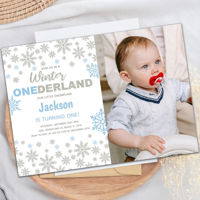 Convites Blue Photo SnowFlake Winter Birthday (Blue Photo SnowFlake Winter Birthday Onederland Invitation)