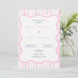 Convites Blue pink Hand Written Pinstripe Whimsical Wedding
