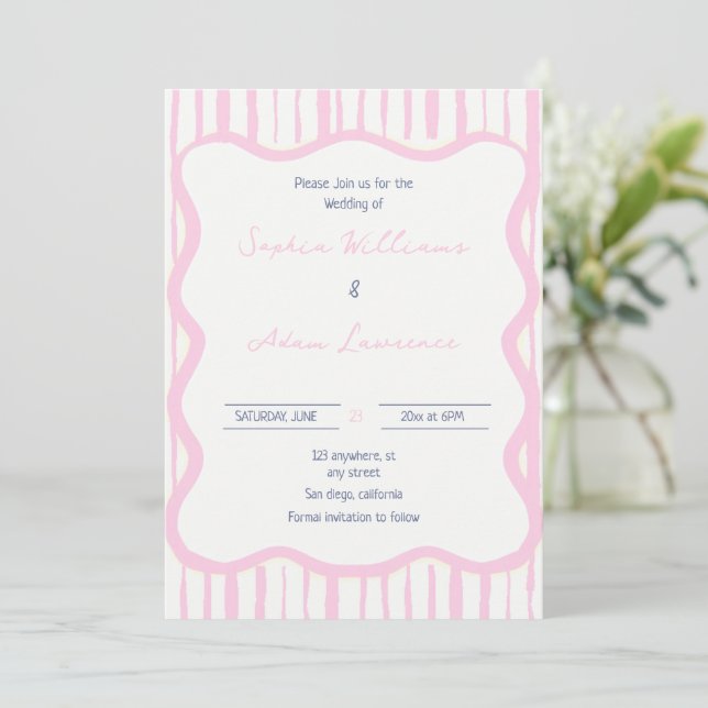 Convites Blue pink Hand Written Pinstripe Whimsical Wedding (Em pé/Frente)
