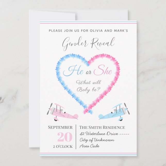 Convites Blue Pink Heart Smoke Airplane Gender Reveal (Frente)