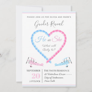 Convites Blue Pink Heart Smoke Airplane Gender Reveal
