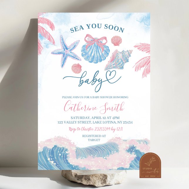Convites Blue Pink Sea You soon Baby shower Invitation (Criador carregado)