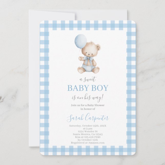 Convites Blue plaid and Bear Baby Shower Boy (Frente)