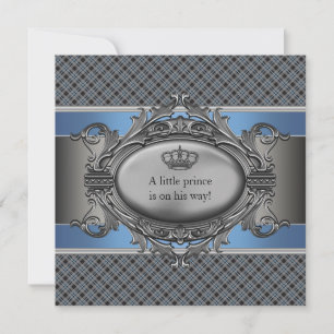 Convites Blue Plaid Crown Little Prince Boy Baby Shower