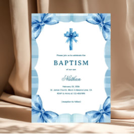 Convites Blue Plaid Watercolor Bows & Cross Boy Baptism