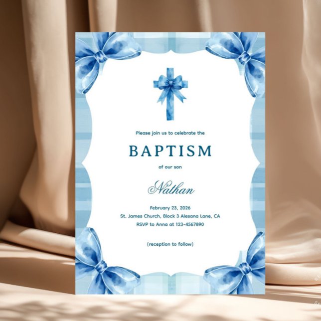 Convites Blue Plaid Watercolor Bows & Cross Boy Baptism (Watercolor Blue Baptism Invitation. Perfectly blending traditional faith with a modern "coquette" ae)