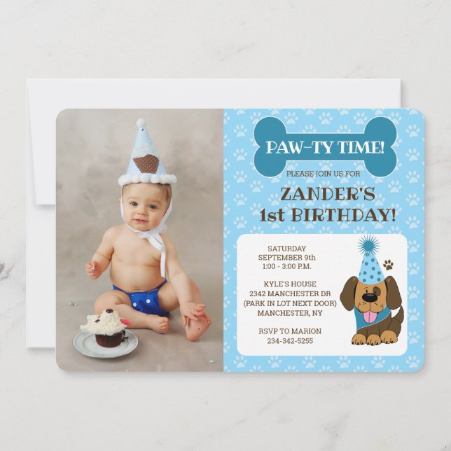 Convites Blue Puppy Dog Photo Paw-ty Birthday (Verso)