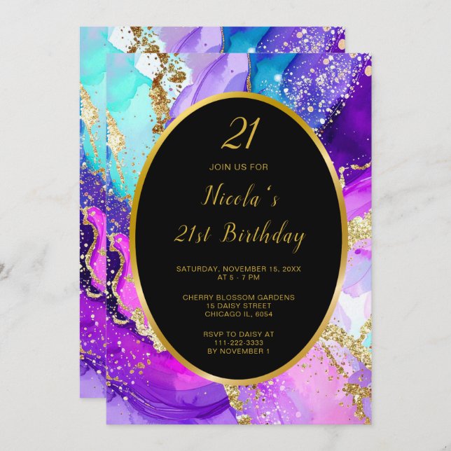 Convites Blue, Purple and Gold Ink Birthday Party (Frente/Verso)