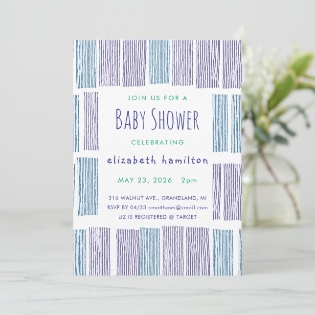 Convites Blue & Purple Drawn Stripes Baby Shower Invitation (Em pé/Frente)