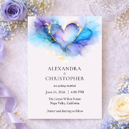 Convites Blue Purple Gold Abstract Heart Wedding Invitation