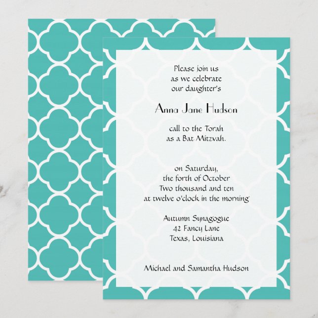 Convites Blue Quatrefoil, Trellis marroquina, Bat Mitzvah (Frente/Verso)