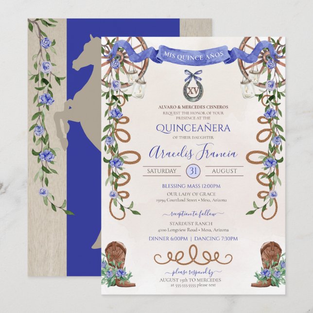 Convites Blue Quinceanera Rustic Western Charro (Frente/Verso)
