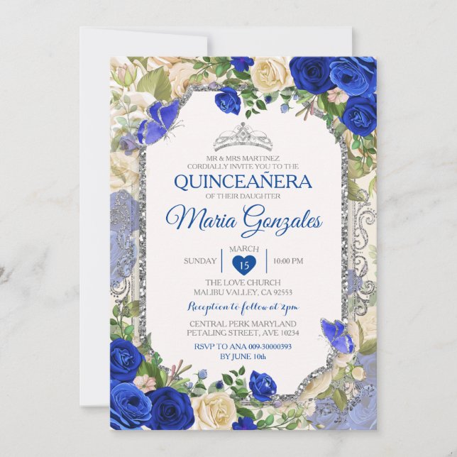 Convites Blue Quinceañera Silver Crown Butterfly 15 Anos (Frente)