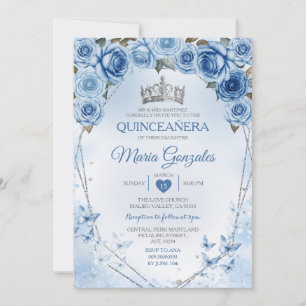 Convites Blue Quinceañera Silver Crown Butterfly 15 Anos