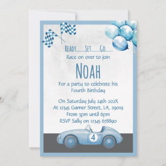 Convites Blue Race Car 4th Birthday Party Invitation