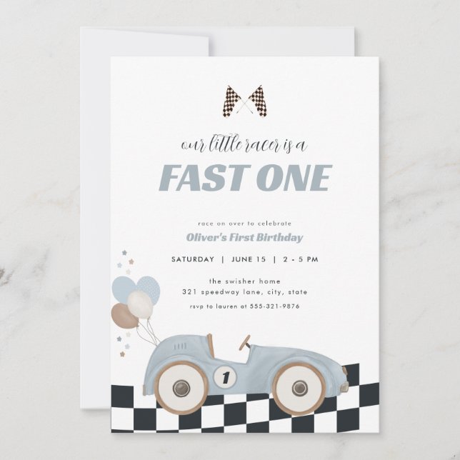 Convites Blue Race Car Fast One First Birthday Invite  (Frente)