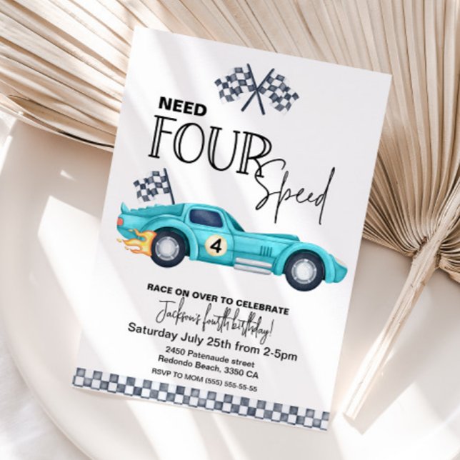 Convites Blue Race Car, Need FOUR speed 4th Birthday  (Blue Race car, Need FOUR Speed birthday invitation,  Race car Birthday invite)