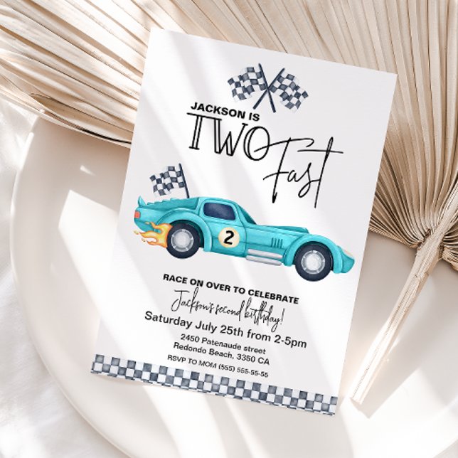 Convites Blue Race car TWO FAST 2nd Birthday party (Two Fast birthday invitation blue vintage race car)