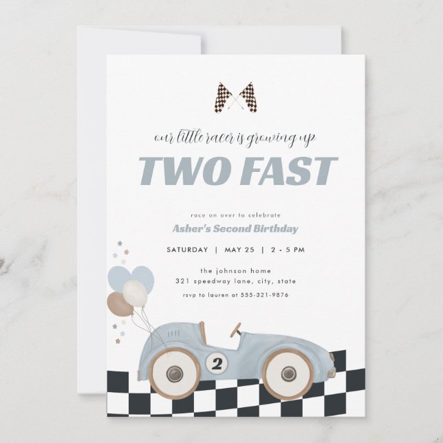 Convites Blue Race Car Two Fast Second Birthday Invite  (Frente)