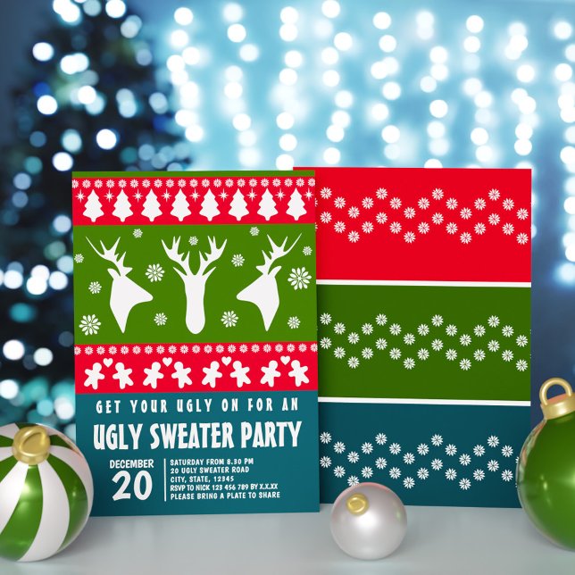 Convites Blue Red and Green Reindeer Ugly Sweater Party (Blue Red and Green Reindeer Ugly Sweater Party Invitation)