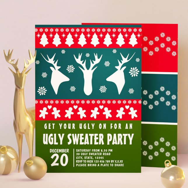 Convites Blue Red and Green Reindeer Ugly Sweater Party (Blue Red and Green Reindeer Ugly Sweater Party Invitation)