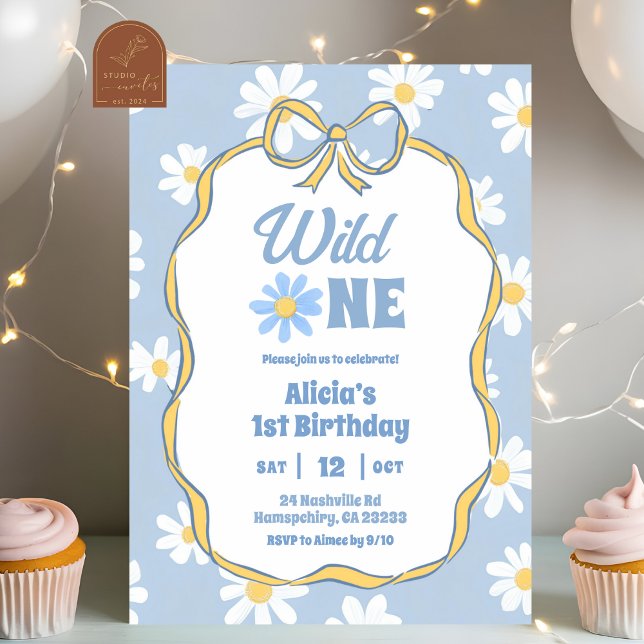 Convites Blue Retro Daisy Coquette 1st Birthday Invitation (Criador carregado)