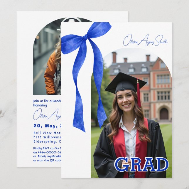 Convites Blue Ribbon Accent Dual‑Photo QR Code (Frente/Verso)