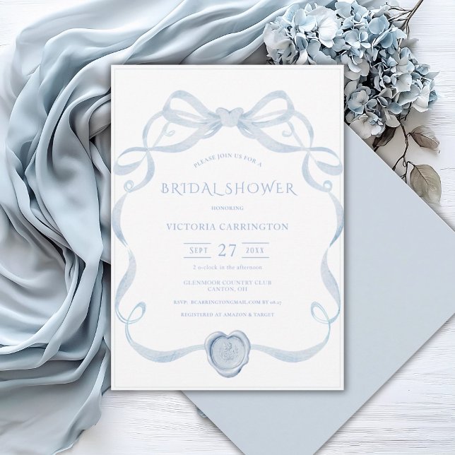 Convites Blue Ribbon Frame Vintage Bridal Shower (Criador carregado)