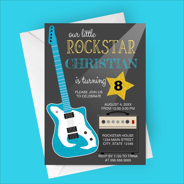 Convites Blue Rockstar Birthday Party (Our Little Rockstar | Blue Guitar Birthday Party Invitation)