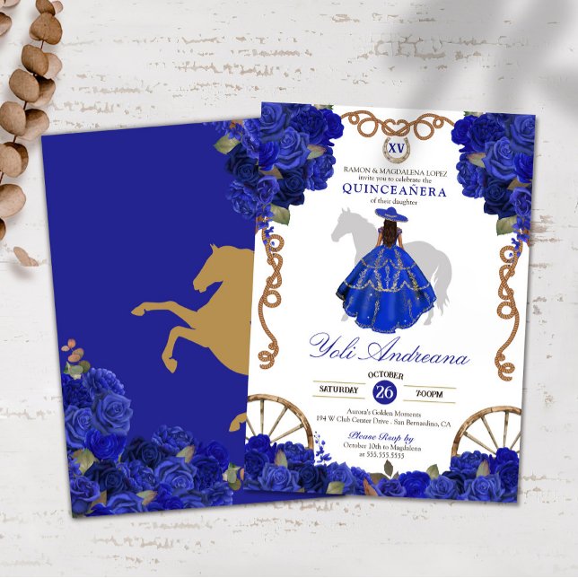 Convites Blue Rosa Floral Western Charro Quinceañera (Criador carregado)