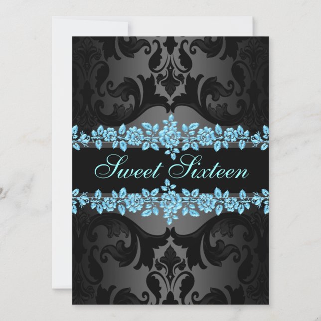 Convites Blue Rosa Sweet16 Damask Birthday Invite (Frente)