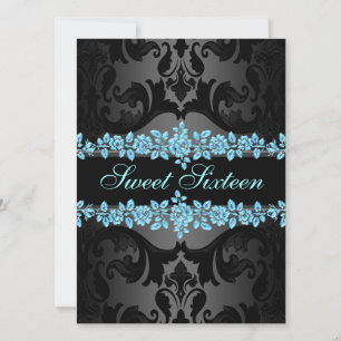 Convites Blue Rosa Sweet16 Damask Birthday Invite