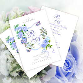 Convites Blue Rose Ribbon Monogram Wedding Invitation
