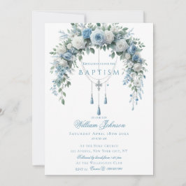 Convites Blue Rose & Silver Cross Baptism Guest Book