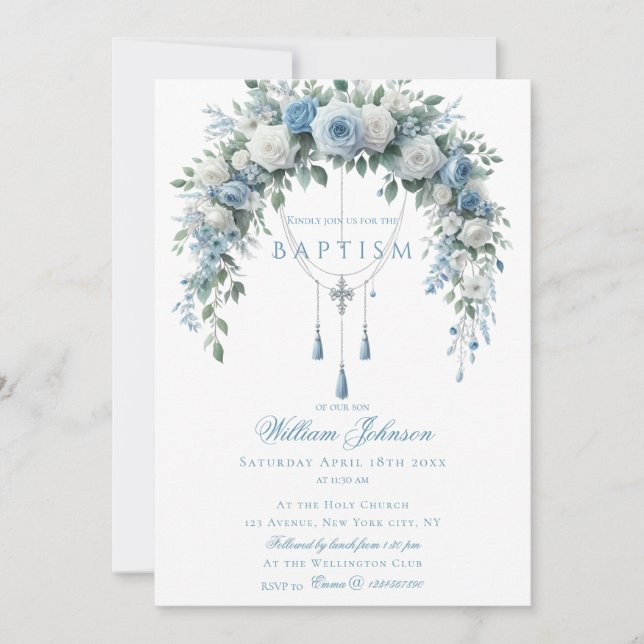 Convites Blue Rose & Silver Cross Baptism Guest Book (Frente)