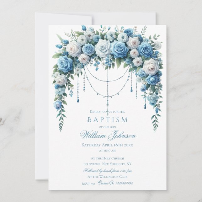 Convites Blue Rose & Silver Cross Baptism Invitation (Frente)