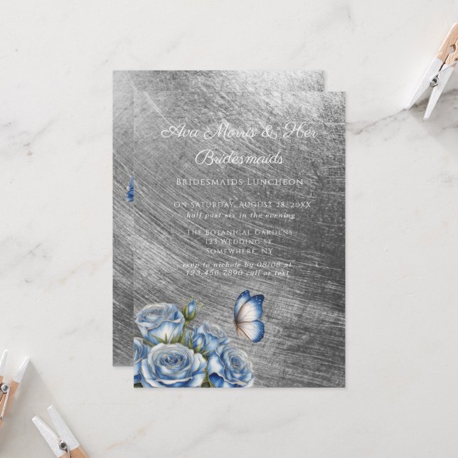 Convites Blue Roses Butterfly Silver Bridesmaids Luncheon (Frente/Verso In Situ)