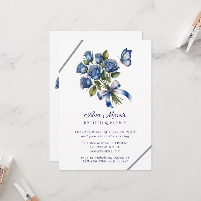 Convites Blue Roses Butterfly Silver Brunch & Bubbly (Frente/Verso In Situ)