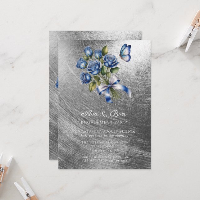 Convites Blue Roses Butterfly Silver Engagement Party (Frente/Verso In Situ)