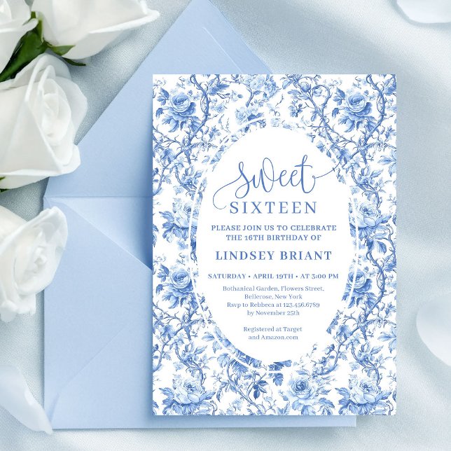 Convites Blue Roses Digital Floral 16th Birthday Invitation (Blue Roses Digital Floral 16th Birthday Invitation)