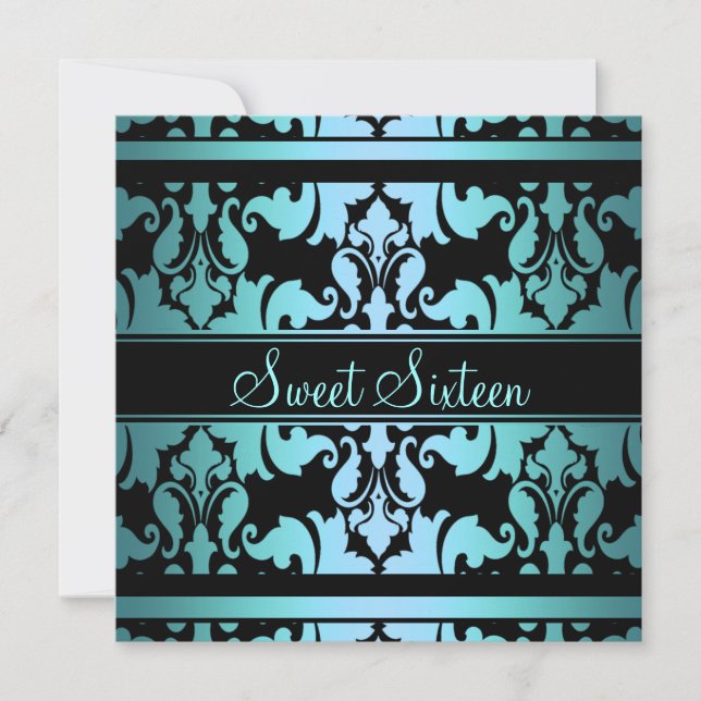 Convites Blue Royal Damask Sweet16 Birthday Invite (Frente)