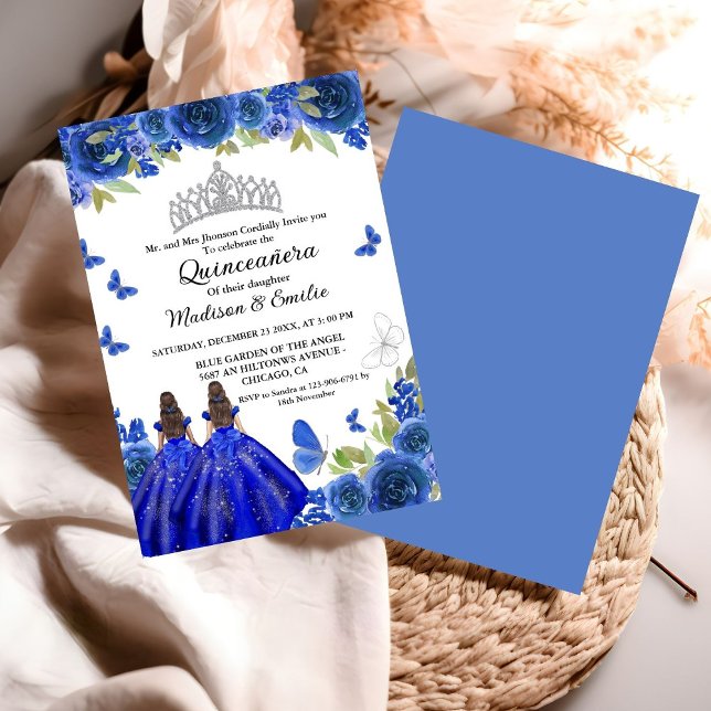 Convites Blue Royal Floral Butterfly Twin Quinceanera (Criador carregado)