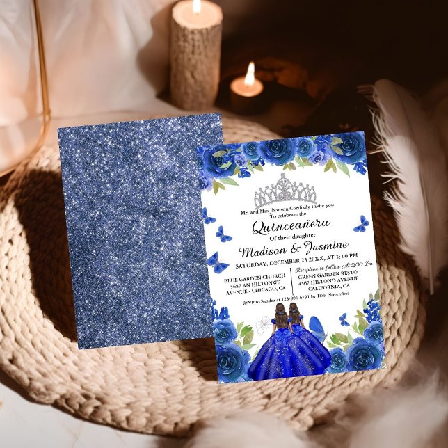 Convites Blue Royal Floral Butterfly Twin Quinceanera (Criador carregado)