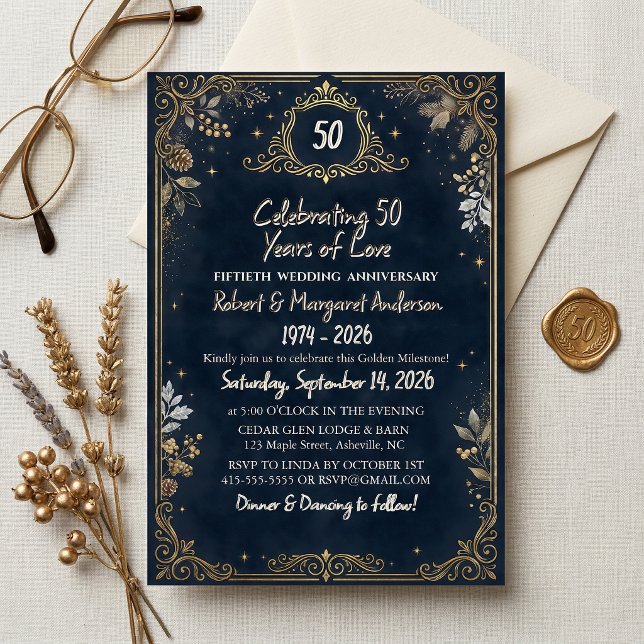 Convites Blue Ruby Script Simple 50th Wedding Anniversary (Criador carregado)
