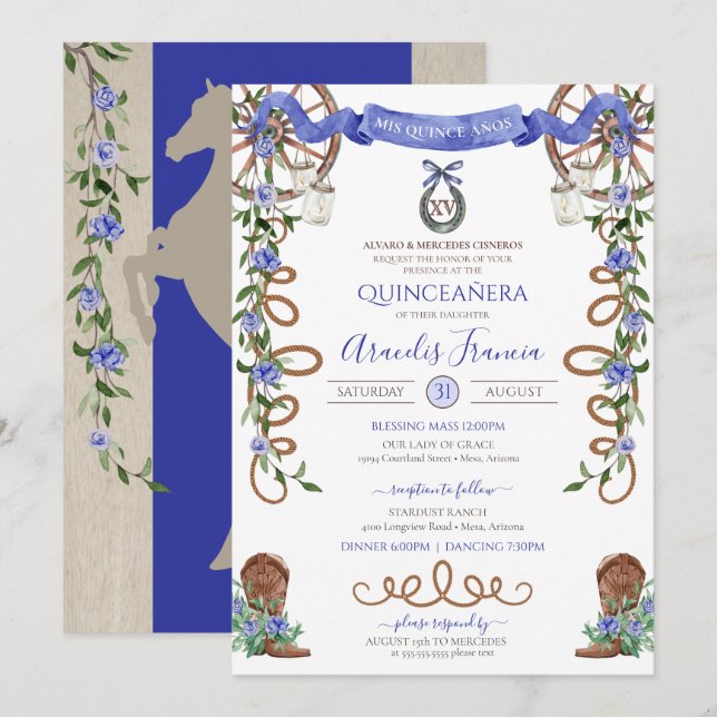 Convites Blue Rustic Boho Western Charra Theme Quinceanera (Frente/Verso)