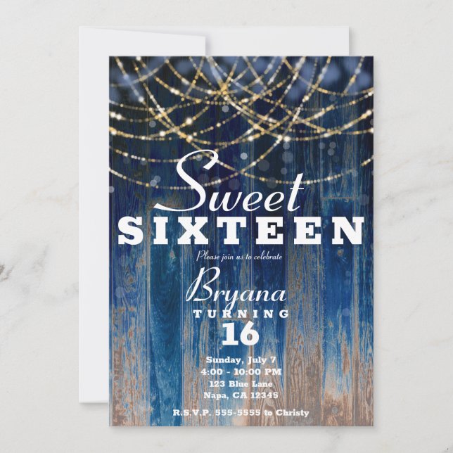 Convites Blue Rustic Coastal Barn Wood Bokeh Sweet 16 (Frente)